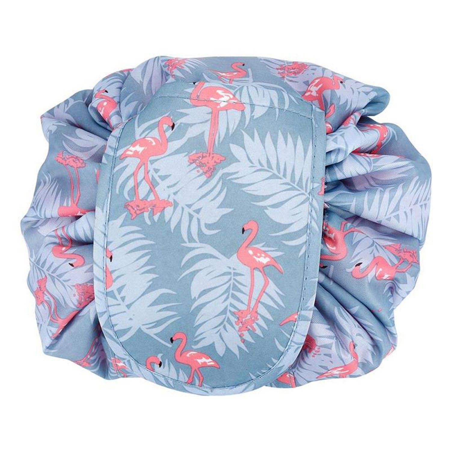 Intirilife Kosmetiktasche in GRAU ROSA FLAMINGO – Runder One Step Kulturbeutel mit Kordelzug zum Zusammenziehen mit 2 inneren Reißverschlussfächer