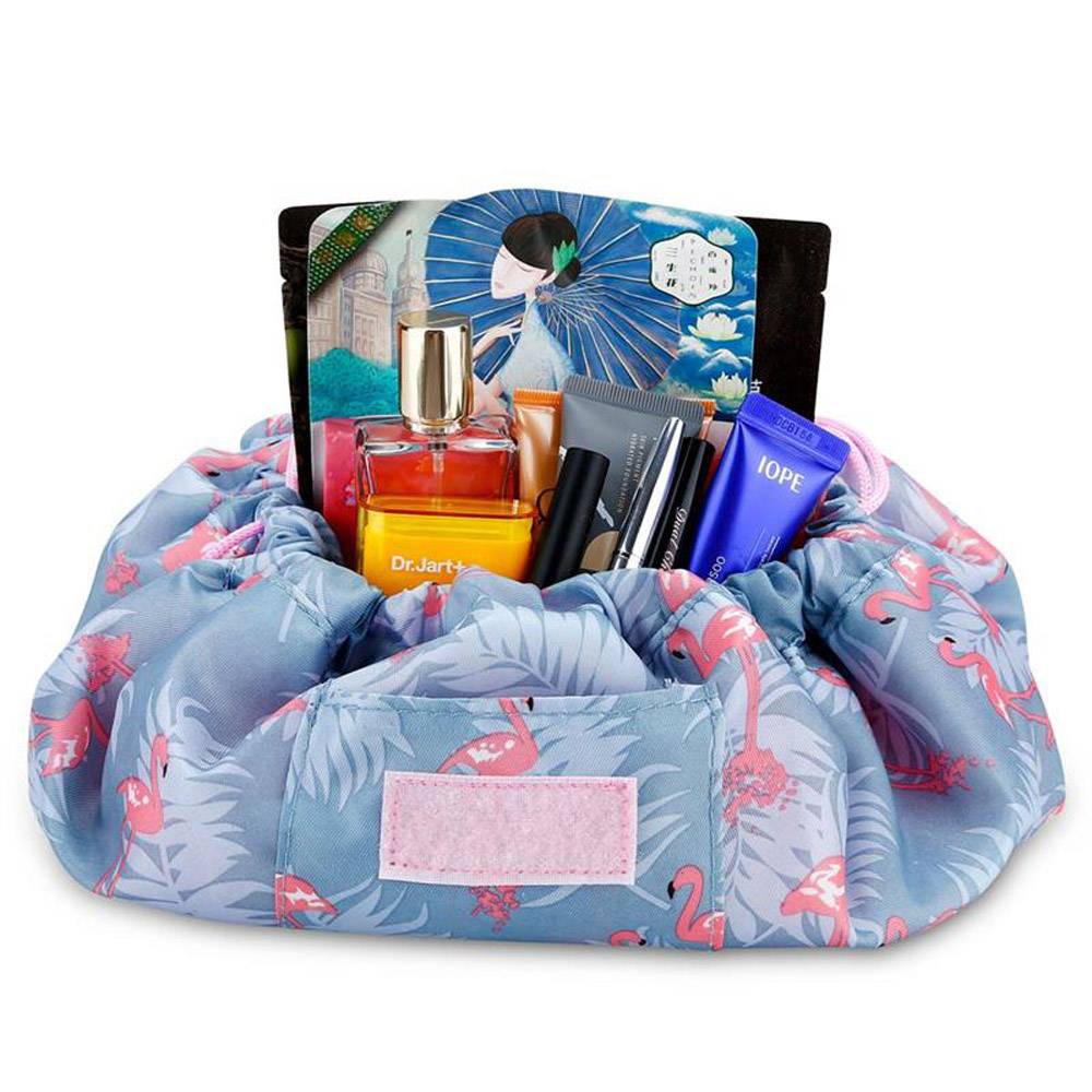 Intirilife Kosmetiktasche in GRAU ROSA FLAMINGO – Runder One Step Kulturbeutel mit Kordelzug zum Zusammenziehen mit 2 inneren Reißverschlussfächer