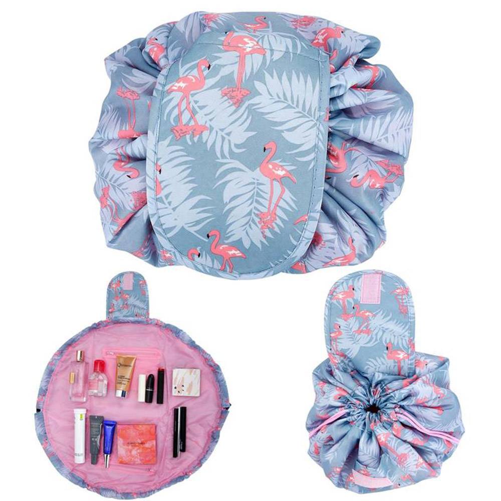 Intirilife Kosmetiktasche in GRAU ROSA FLAMINGO – Runder One Step Kulturbeutel mit Kordelzug zum Zusammenziehen mit 2 inneren Reißverschlussfächer