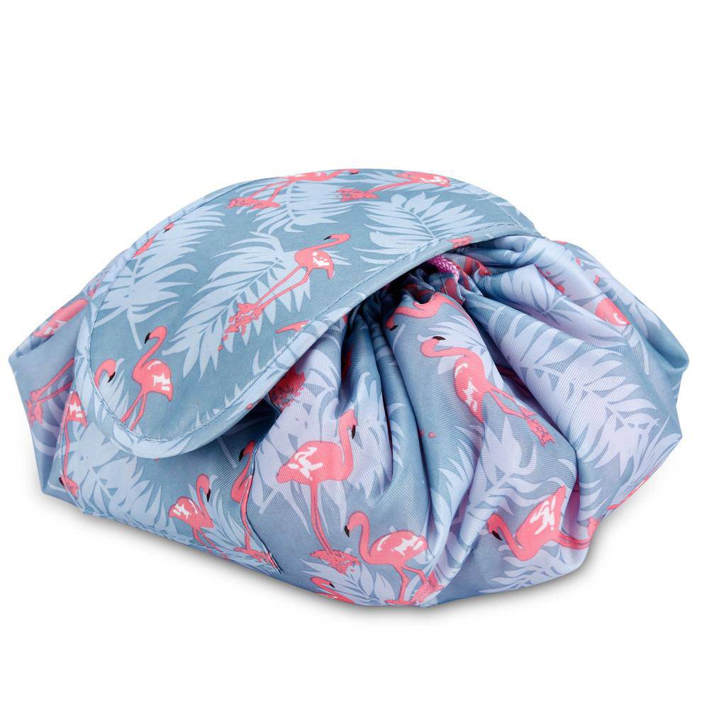 Intirilife Kosmetiktasche in GRAU ROSA FLAMINGO – Runder One Step Kulturbeutel mit Kordelzug zum Zusammenziehen mit 2 inneren Reißverschlussfächer