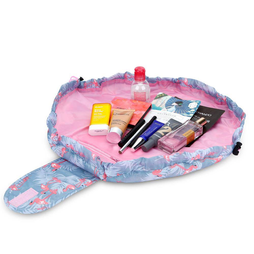 Intirilife Kosmetiktasche in GRAU ROSA FLAMINGO – Runder One Step Kulturbeutel mit Kordelzug zum Zusammenziehen mit 2 inneren Reißverschlussfächer