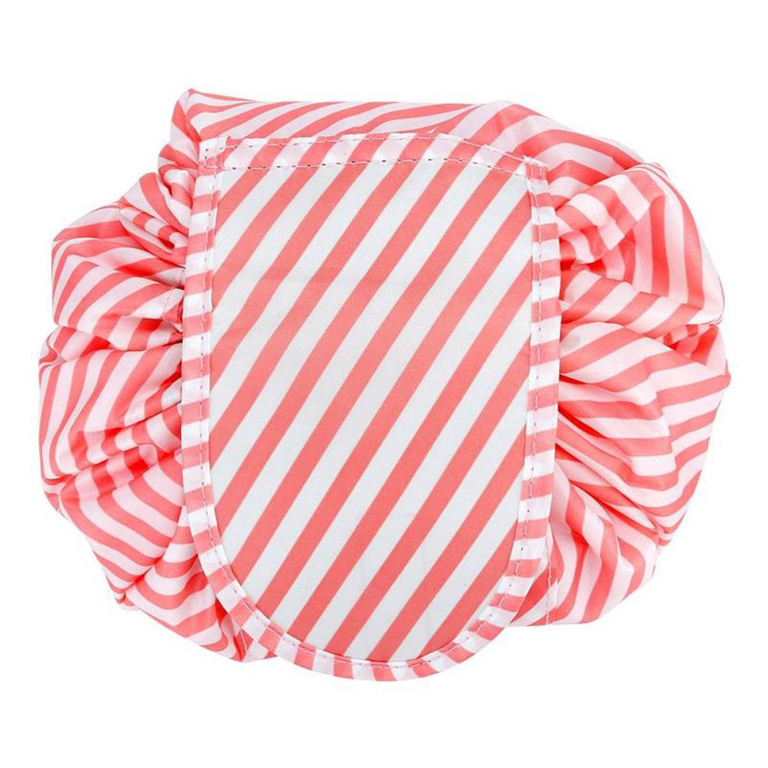 Intirilife Kosmetiktasche in ROSA GESTREIFT – Runder One Step Kulturbeutel mit Kordelzug zum Zusammenziehen mit 2 inneren Reißverschlussfächern id