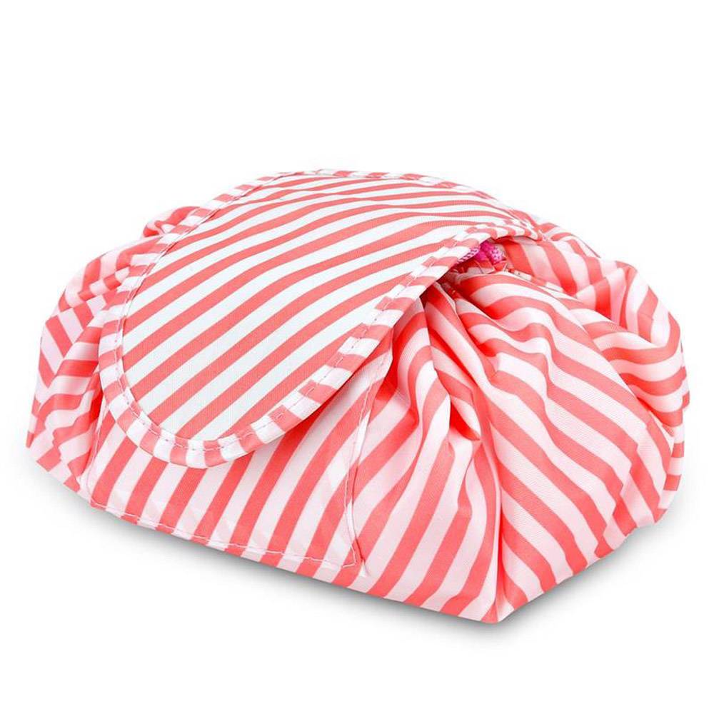 Intirilife Kosmetiktasche in ROSA GESTREIFT – Runder One Step Kulturbeutel mit Kordelzug zum Zusammenziehen mit 2 inneren Reißverschlussfächern id