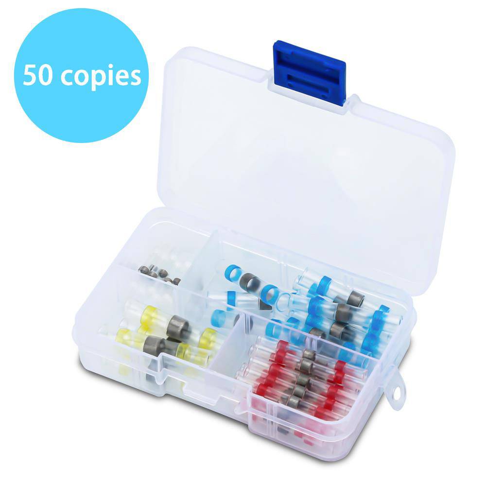 Intirilife 50er Box Lötverbinder in 4 GRÖßEN – Schrumpfschlauch Set à 50 Stück in verschiedenen Größen – Koffer mit transparenten Lötmuffe