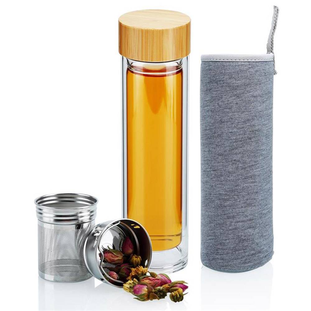 Intirilife Doppelwandige Thermo Flasche mit Sieb in 400 – 500 ml – Thermoflasche Tee Trinkflasche Mundgeblasen isoliert aus Borosilikatglas mit Ed