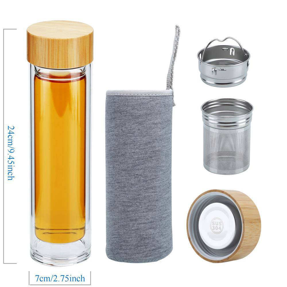 Intirilife Doppelwandige Thermo Flasche mit Sieb in 400 – 500 ml – Thermoflasche Tee Trinkflasche Mundgeblasen isoliert aus Borosilikatglas mit Ed