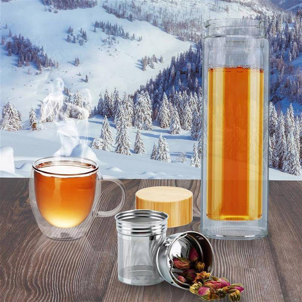 Intirilife Doppelwandige Thermo Flasche mit Sieb in 400 – 500 ml – Thermoflasche Tee Trinkflasche Mundgeblasen isoliert aus Borosilikatglas mit Ed