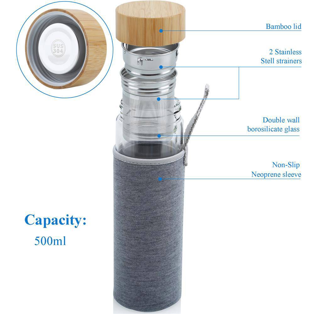 Intirilife Doppelwandige Thermo Flasche mit Sieb in 400 – 500 ml – Thermoflasche Tee Trinkflasche Mundgeblasen isoliert aus Borosilikatglas mit Ed