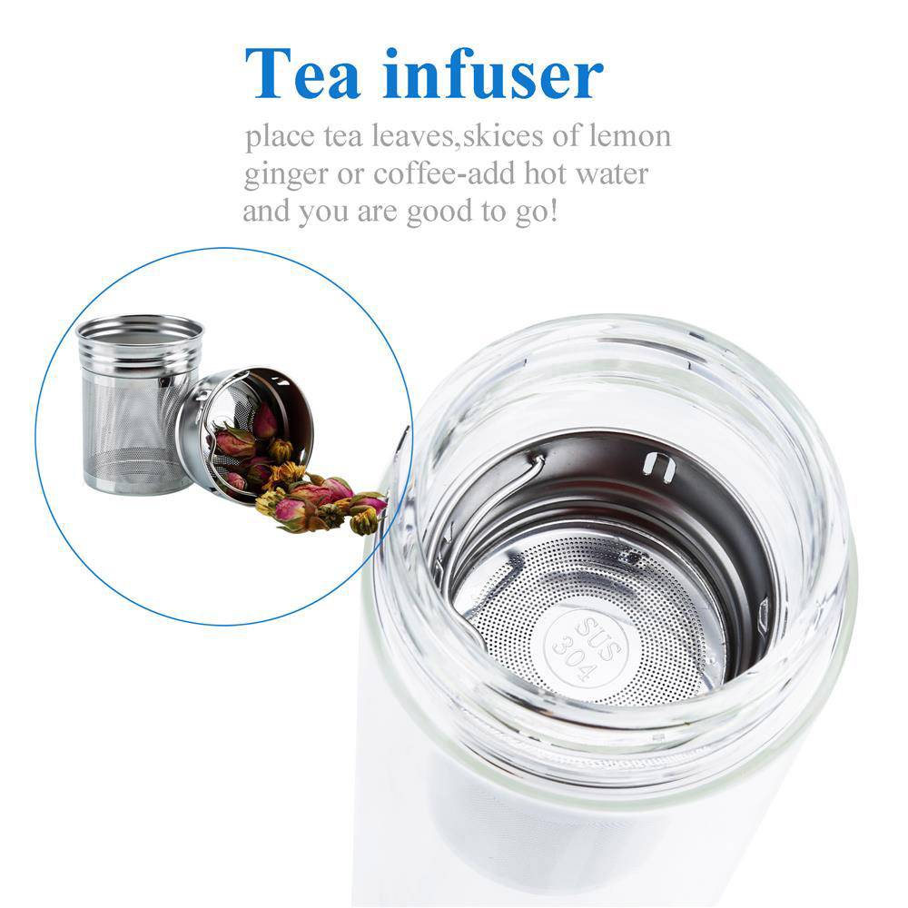 Intirilife Doppelwandige Thermo Flasche mit Sieb in 400 – 500 ml – Thermoflasche Tee Trinkflasche Mundgeblasen isoliert aus Borosilikatglas mit Ed