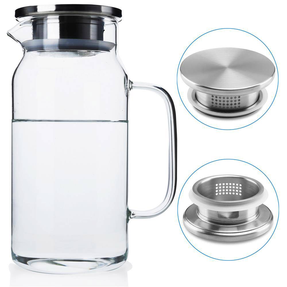 Intirilife Karaffe in KLAR – 1,2l Krug aus Borosilikatglas mit Henkel und Deckel hitzebeständig geeignet für heiße und kalte Getränke, Tee, Kaff