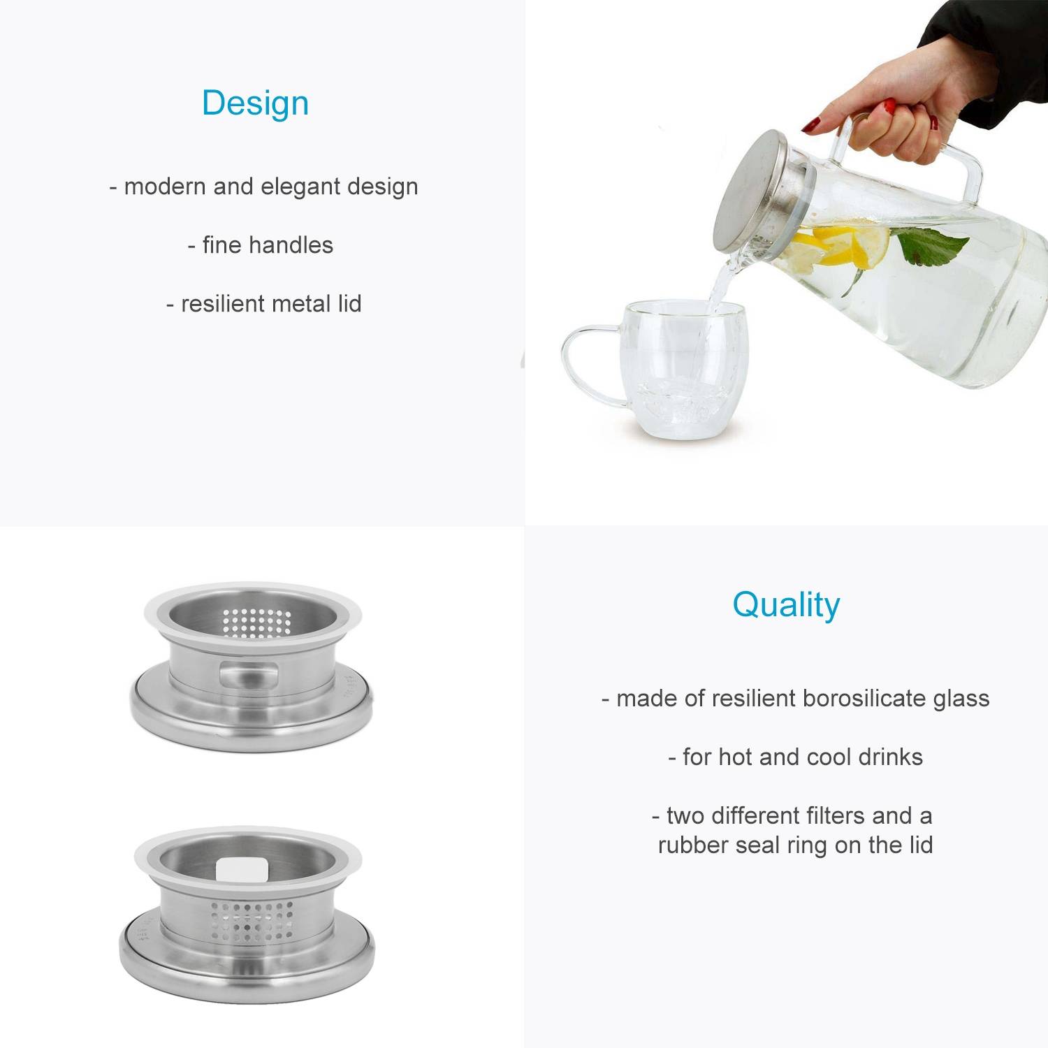 Intirilife Karaffe in KLAR – 1,5 Krug mit Henkel und Deckel hitzebeständig geeignet für heiße und kalte Getränke, Tee, Kaffee, Wasser uvm.