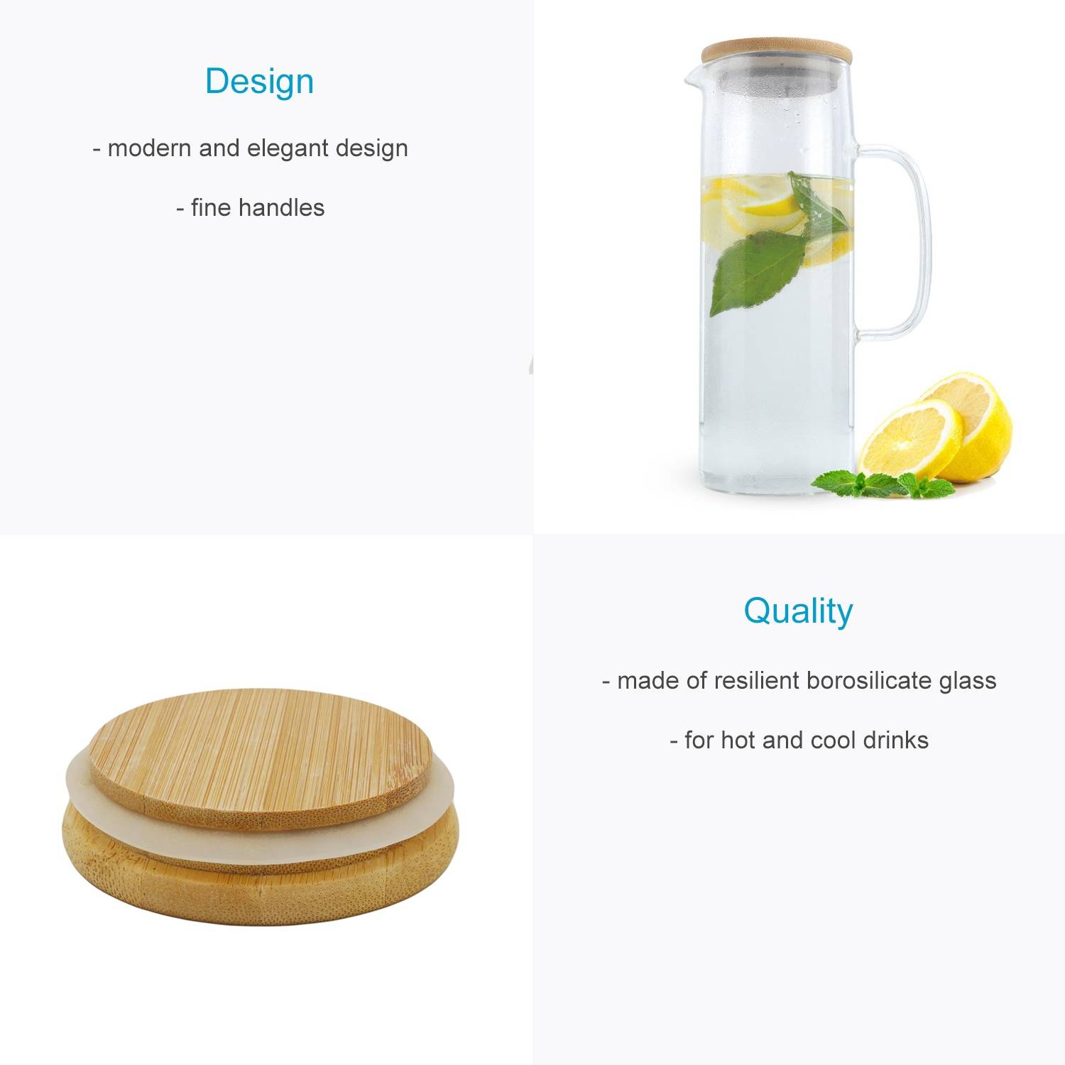 Intirilife Karaffe mit Bambusdeckel in KLAR – 1,6l Krug aus Borosilikatglas mit Henkel und Holz Deckel hitzebeständig geeignet für heiße und kalt