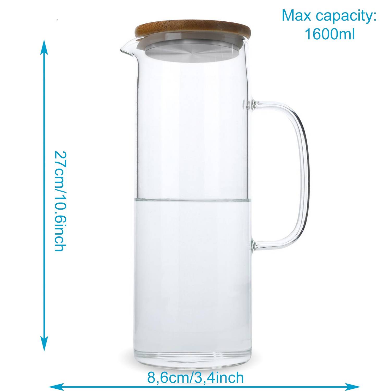 Intirilife Karaffe mit Bambusdeckel in KLAR – 1,6l Krug aus Borosilikatglas mit Henkel und Holz Deckel hitzebeständig geeignet für heiße und kalt