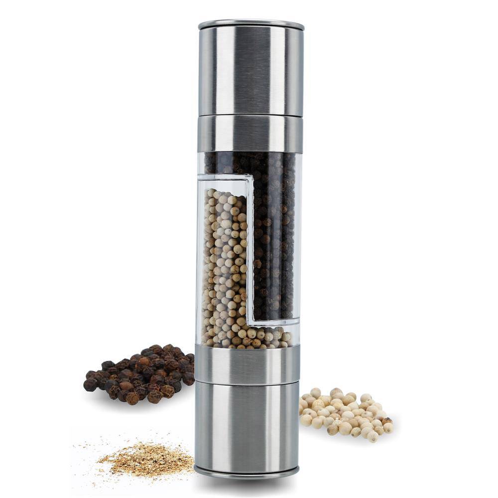 Intirilife Pfeffermühle in SILBER TRANSPARENT – 2 in 1 Grinder Handmühle aus Kunststoff und Edelstahl für die Küche perfekt geeignet zum Mahlen
