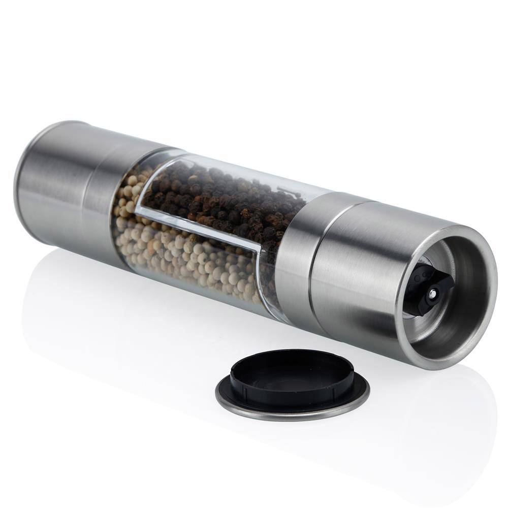 Intirilife Pfeffermühle in SILBER TRANSPARENT – 2 in 1 Grinder Handmühle aus Kunststoff und Edelstahl für die Küche perfekt geeignet zum Mahlen