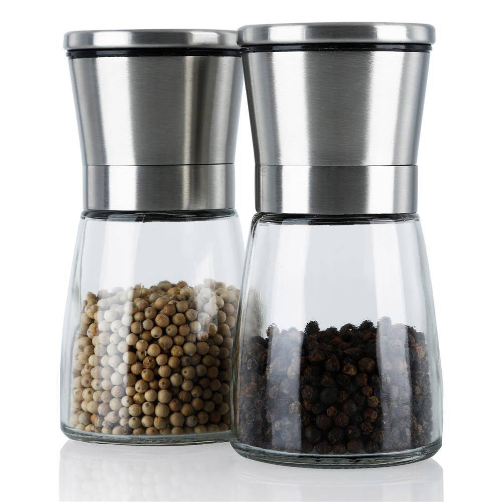 Intirilife 2er Set Gewürzmühle in SILBER TRANSPARENT – 2x Grinder Handmühle aus Glas und Edelstahl für die Küche perfekt geeignet zum Mahlen un