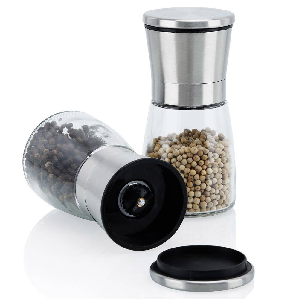 Intirilife 2er Set Gewürzmühle in SILBER TRANSPARENT – 2x Grinder Handmühle aus Glas und Edelstahl für die Küche perfekt geeignet zum Mahlen un