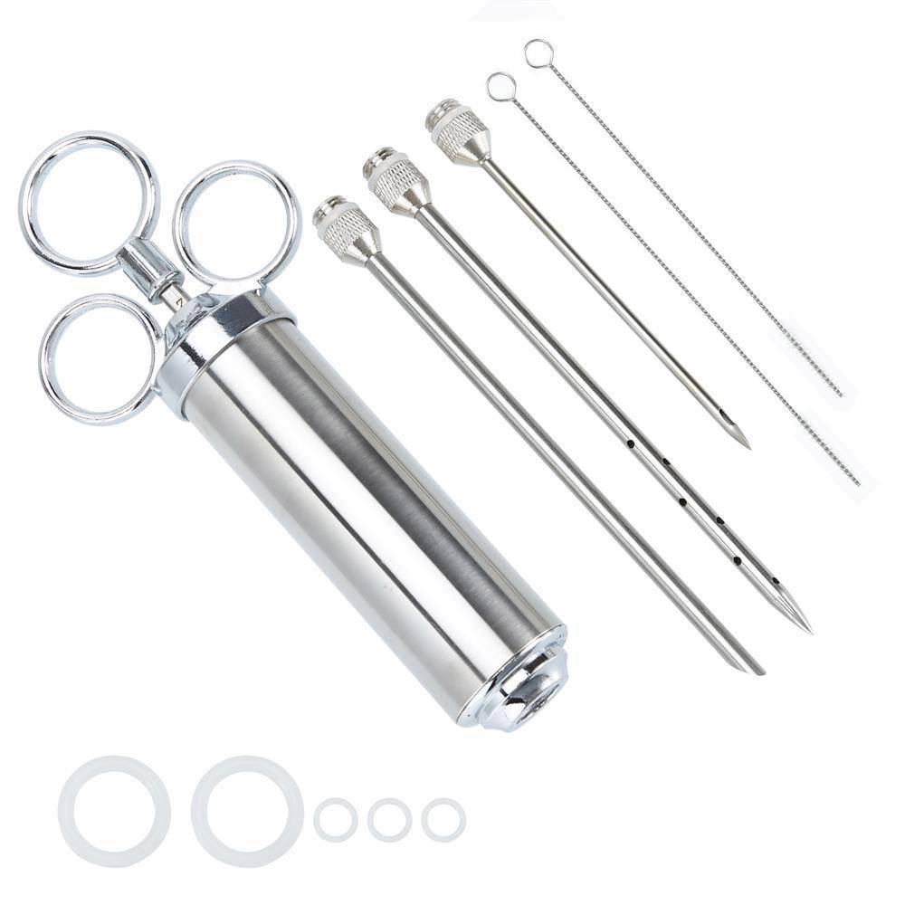 Intirilife Marinierspritze in SILBER – Edelstahl Spritze für Grill Gewürze, Marinaden, Braten, BBQ uvm. – Marinadenspritze Bratenspritze Fleisch