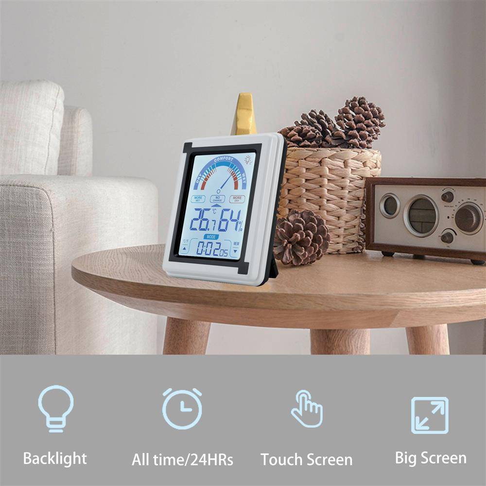 Intirilife Elektronisches Thermometer in WEISS – LCD Touch Thermometer mit Uhr Messgerät für Temperatur, Luftfeuchtigkeit umstellbar auf Fahrenhei