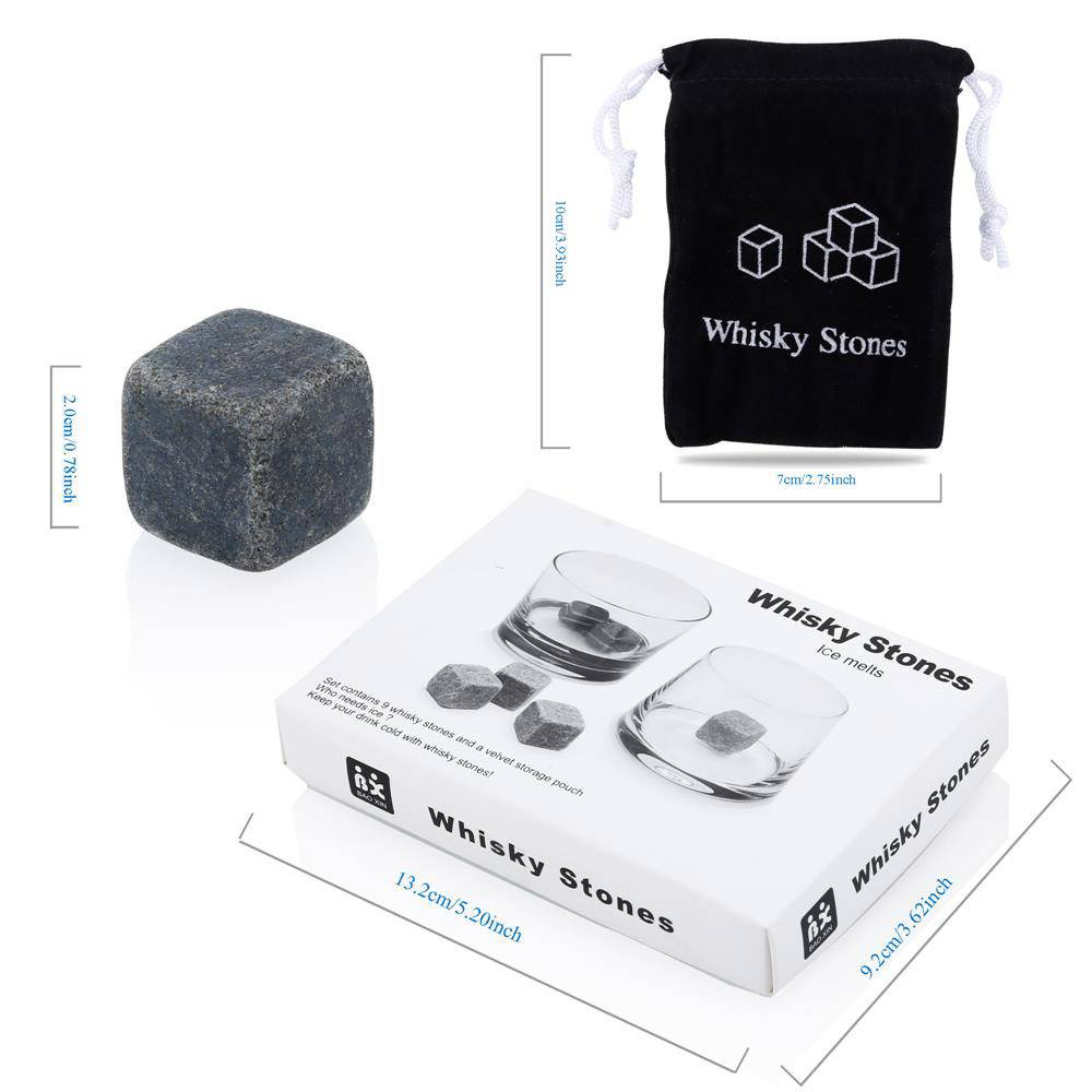 Intirilife Granit Whiskey Steine in STEIN GRAU – 9 Stück wiederverwendbare Granit Eiswürfel mit Aufbewahrungsbeutel perfekt geeignet für Whisky