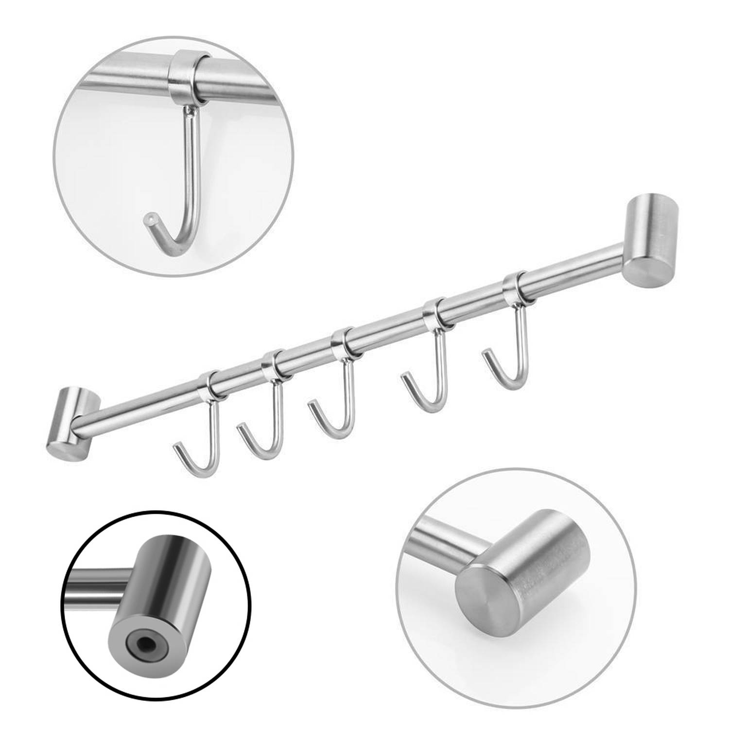 Intirilife Edelstahl Küche Hängeleiste mit 5 Haken - Küchen Reling Hängeleiste Küchenstange Wandhalterung