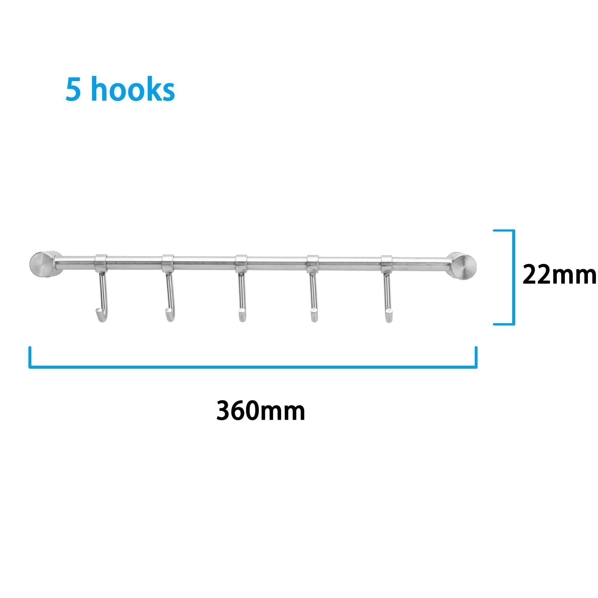 Intirilife Edelstahl Küche Hängeleiste mit 5 Haken - Küchen Reling Hängeleiste Küchenstange Wandhalterung