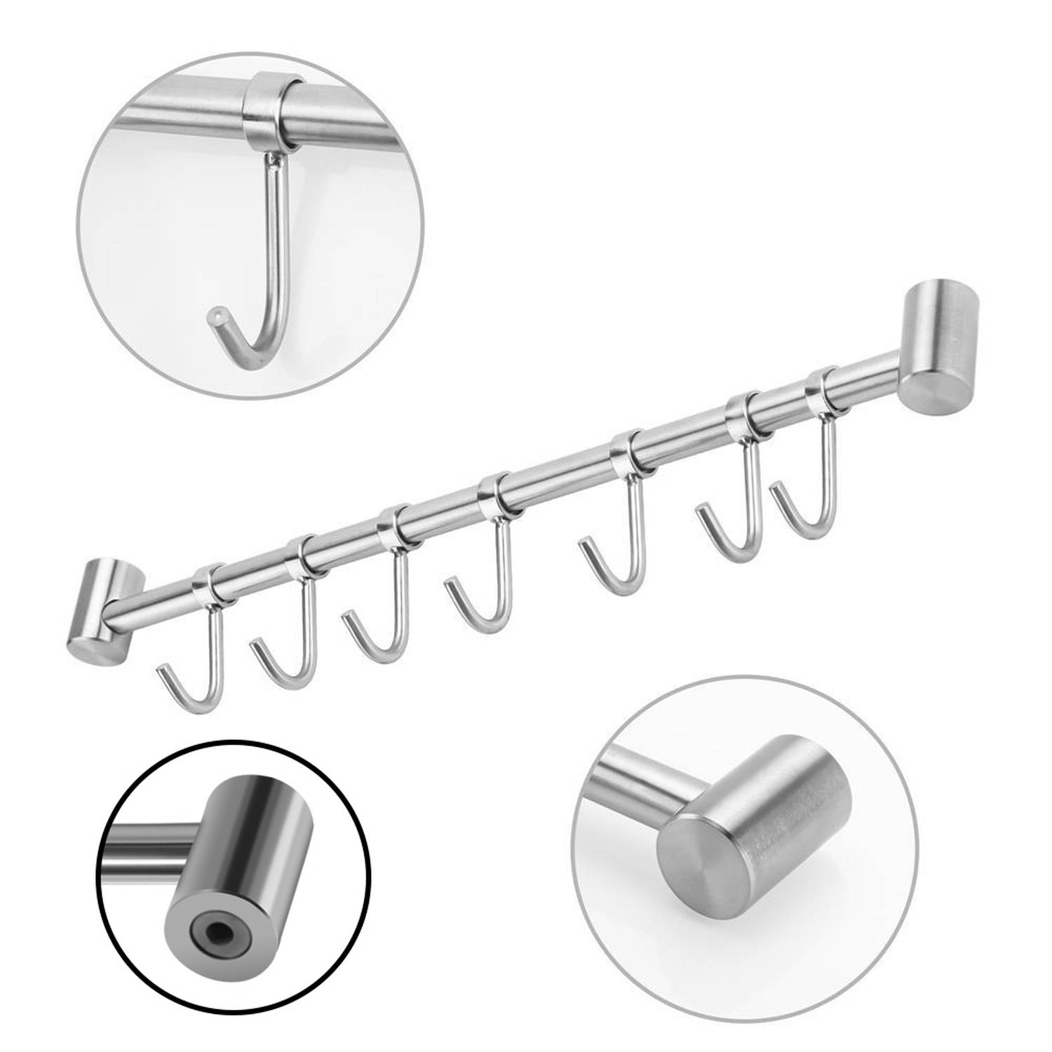 Intirilife Edelstahl Küche Hängeleiste mit 7 Haken - Küchen Reling Hängeleiste Küchenstange Wandhalterung