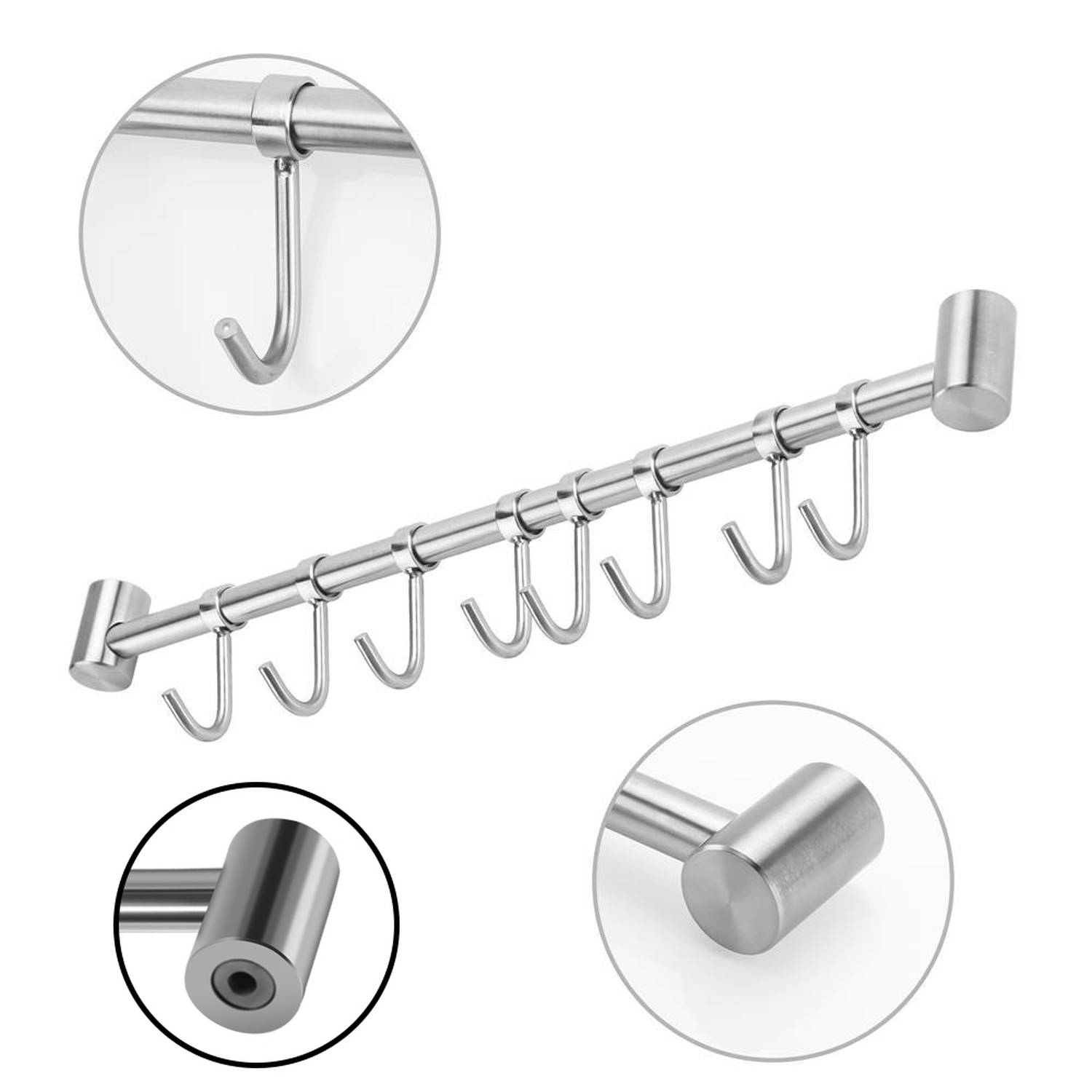 Intirilife Edelstahl Küche Hängeleiste mit 8 Haken - Küchen Reling Hängeleiste Küchenstange Wandhalterung