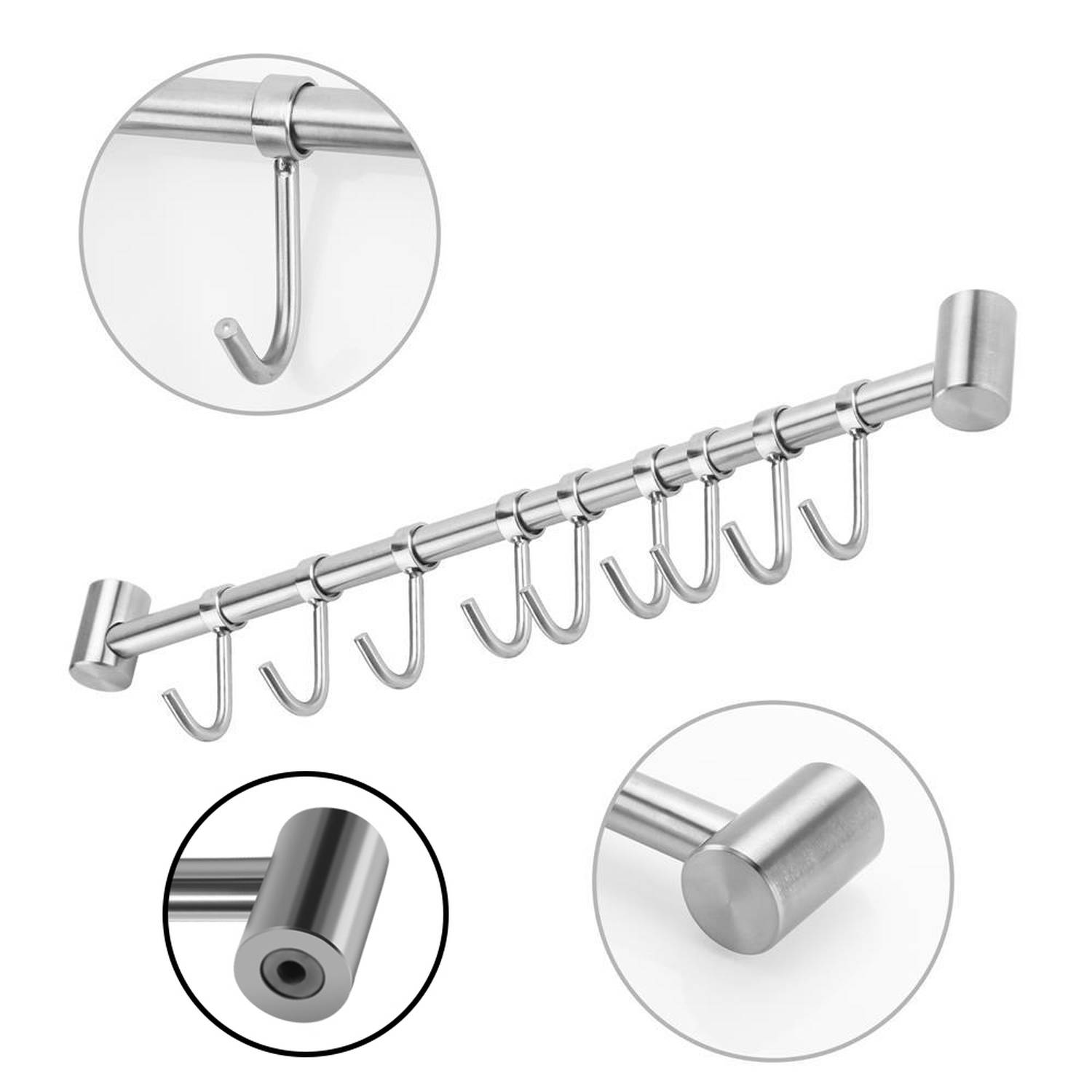 Intirilife Edelstahl Küche Hängeleiste mit 9 Haken - Küchen Reling Hängeleiste Küchenstange Wandhalterung