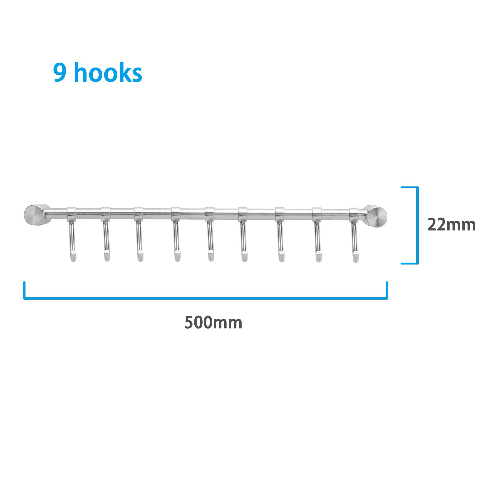 Intirilife Edelstahl Küche Hängeleiste mit 9 Haken - Küchen Reling Hängeleiste Küchenstange Wandhalterung