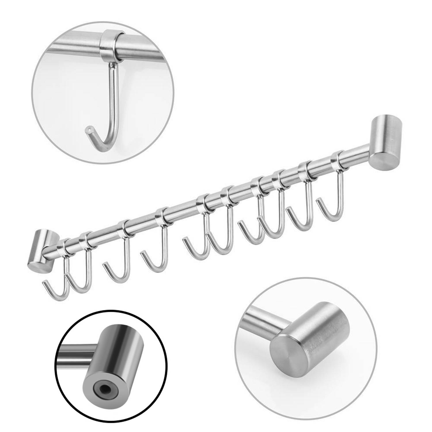 Intirilife Edelstahl Küche Hängeleiste mit 10 Haken - Küchen Reling Hängeleiste Küchenstange Wandhalterung
