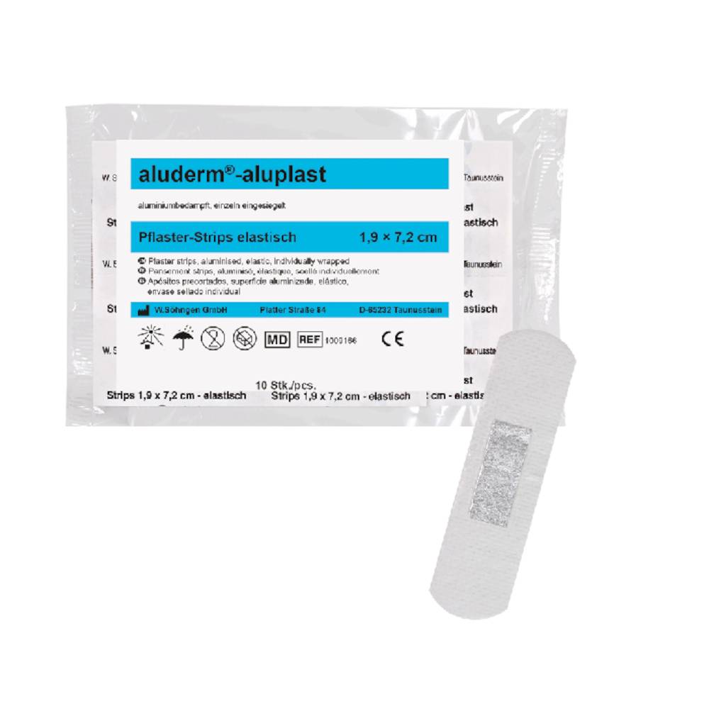 Packung Aluderm-Aluplast elastische Haftstreifen, 1,9 x 7,2 cm, mit einem daneben gezeigten Verband.