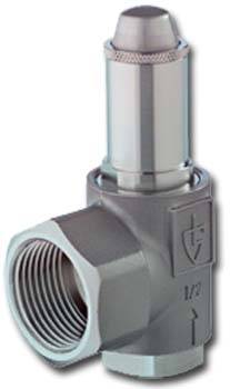 TÜV Ecksicherheitsventil für Flüssigkeiten - Anschluss G 1/2" - Einstelldruck 10 bar - Abblaseleistung 7,95 m³/h (Wasser) - Temp. bis 260°C - VA,