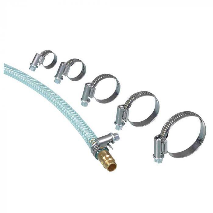 Ein flexibler geflochtener Schlauch mit einer Messingarmatur, dargestellt mit fünf Metallschlauchschellen in zunehmenden Größen.