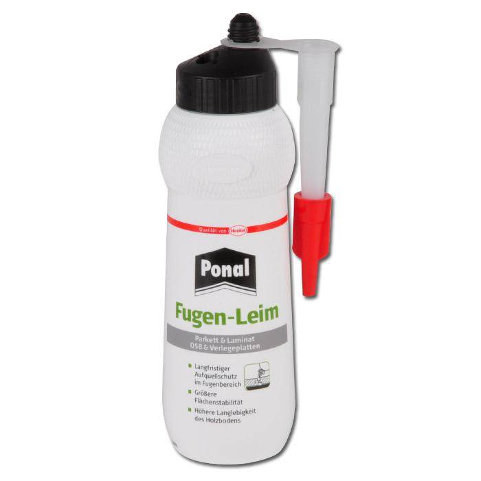 Flasche Ponal Fugen-Leim Holzleim mit Applikatordüse, gekennzeichnet für Parkett- und Laminatbodenfugen.