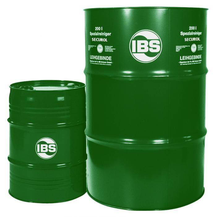 Zwei grüne IBS-Metallfässer, eines groß und eines kleiner, gekennzeichnet mit „Spezialreiniger SECUROL