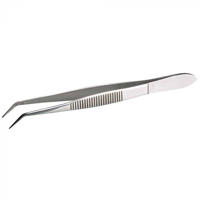 Pinzette Edelstahl - spitz - abgewinkelte Form - geriffelter Griff - Länge 105 mm