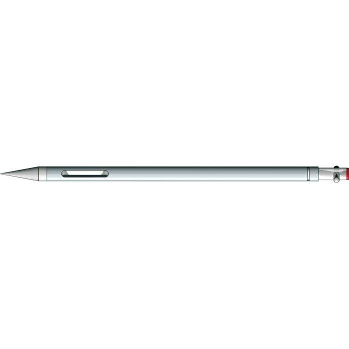 Silberner Stift mit Stylus-Funktion, spitzer Spitze, Seitentaste und roter Kappe auf weißem Hintergrund.