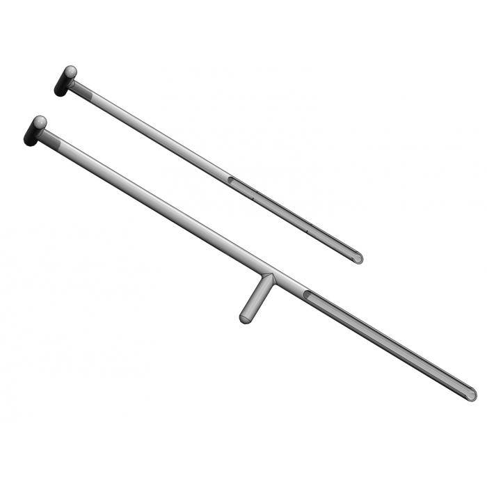 Zwei metallische chirurgische Sonden oder stabförmige Instrumente mit abgerundeten schwarzen Griffen, diagonal auf weißem Hintergrund dargestellt.