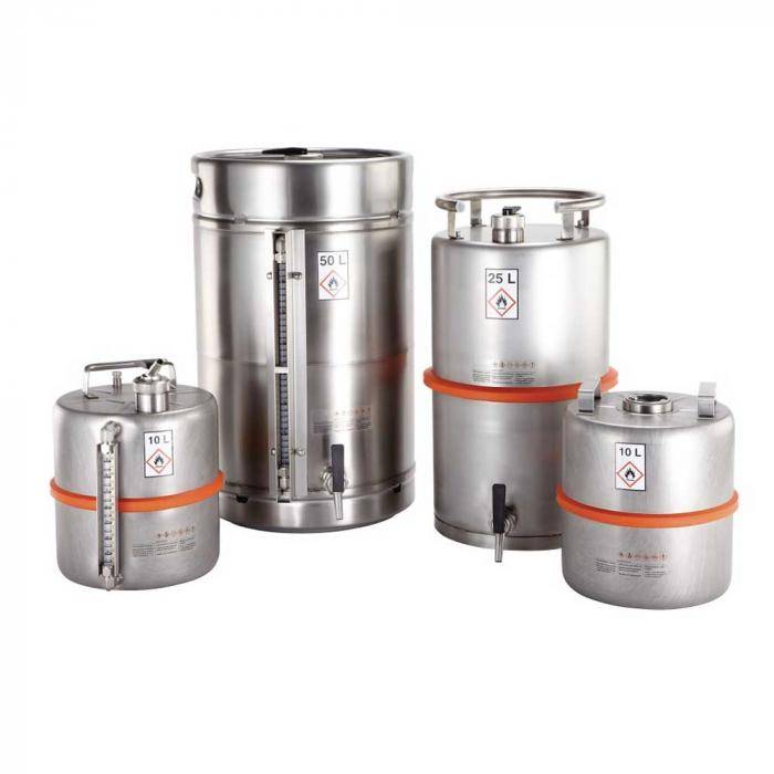 Sicherheitsbehälter aus Edelstahl - explosionsgeschützt - mit Zapfhahn, Überdruckventil und Inhaltsanzeige - Edelstahl V4A - Inhalt 10 l - Einsatzb