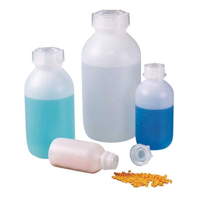 Allzweckflasche mit Skala - HDPE - mit Schraubverschluss - Inhalt 250 ml - Behälter-Ø 61 mm - Höhe ohne Verschluss 129,5 mm - Hals-Ø innen 24 mm
