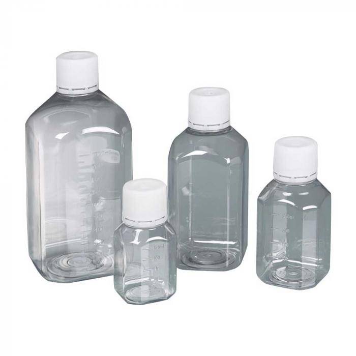 Laborflasche PET steril - glasklar - mit Graduierung und Originalitätsverschluss - Inhalt 500 ml - L x B 76 x 76 mm - Höhe mit Verschluss 173 mm