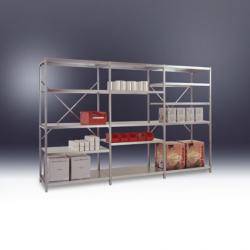 Lagerregal "planoflex standard" - Höhe 2,5 m - 6 Stahlblechböden - Fachbreite 970 mm - Rahmen graugrün pulverbeschichtet - Stecksystem - verschwei?