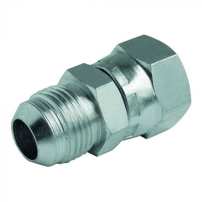 Hydraulik-Schlauchverbinder aus Metall mit Gewindestutzen und Sechskantmutter auf weißem Hintergrund.
