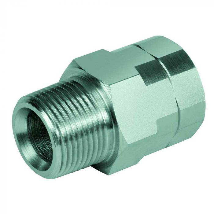 Grünes Metallrohrfittingadapter mit gewindeltem männlichem Ende und Sechskantgehäuse auf weißem Hintergrund.