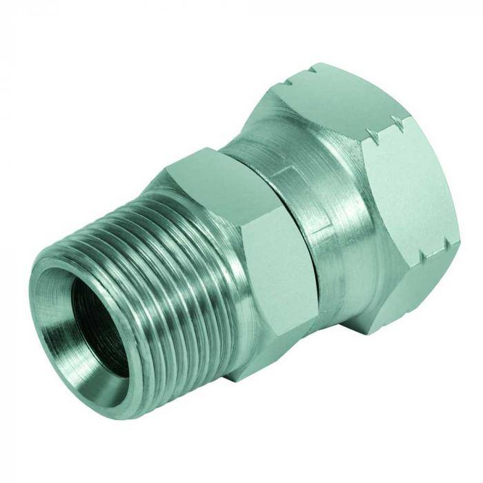 Metallisches Rohrverschraubungs-Adapter mit Sechskantgehäuse, dargestellt auf weißem Hintergrund.