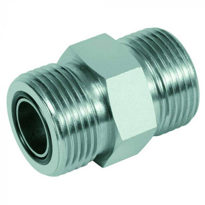 Metallisches Rohrgewindefitting-Adapter mit sechseckiger Mitte, isoliert auf weißem Hintergrund dargestellt.