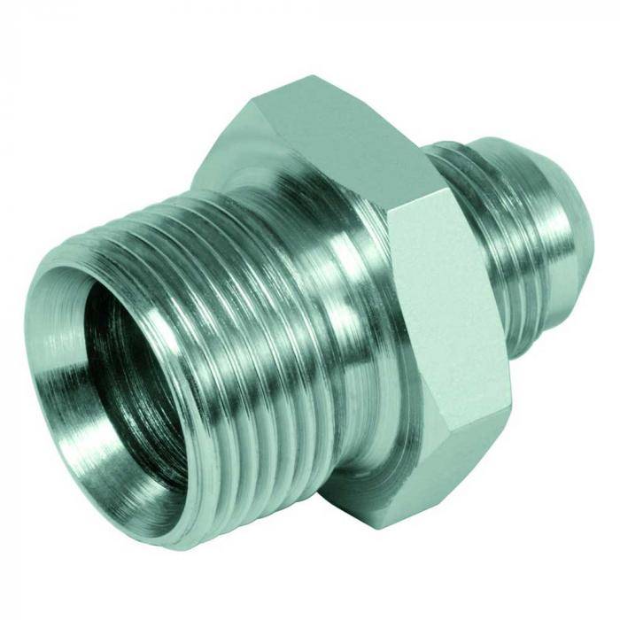 Metallischer Gewinderohr-Fitting-Adapter mit sechskantiger Mitte, dargestellt auf weißem Hintergrund.