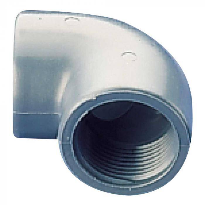 Ein graues 90-Grad-PVC-Ellbogenfitting mit Innengewinde, dargestellt auf weißem Hintergrund.