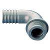 Ein grauer Kunststoff-Rohrbogenstutzen mit gerillten Enden, verwendet zum Verbinden von flexiblen Schläuchen in einem 90-Grad-Winkel.
